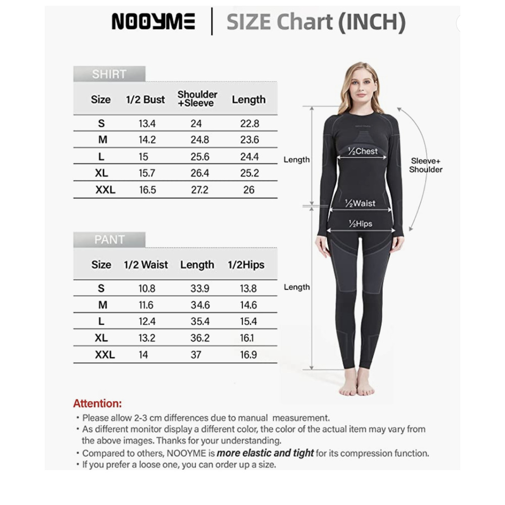 Nooyme Compression Thermal Underwear Bamboo Charcoal Base Layer | Women L, Black - Picture 3 of 3